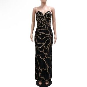 Strapless Black Evening Gown with Rose Gold Embellishment